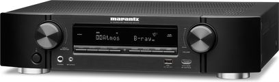 Marantz NR1710 sort hjemmebiografsforstærker, frontpanel, frontvisning, LCD-display, knapper og drejeknapper til justering