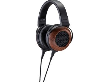 Ανοιχτά ενσύρματα ακουστικά hi-fi Fostex TH808 με μαύρους σκελετούς, μαύρα δερμάτινα μαξιλαράκια, ξύλινα καλύμματα και μαύρες ανοιχτές γρίλιες