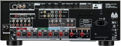 Wzmacniacz kina domowego Denon AVR-X3000 w kolorze czarnym, przedni panel z przyciskami, gniazdami, wyświetlaczem, widok z przodu