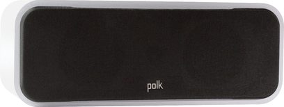 Polk S30 sort centralhøjttaler, set forfra, rektangulær form der er længere vandret, sort frontgitter