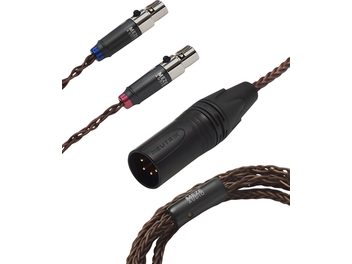 Meze Audio aukščiausios kokybės varinis PCUHD mini XLR į 4 kontaktų XLR laidas, ruda varinė pynė, juodi mini XLR jungtys su mėlyna ir raudona žymėmis bei juodas 4 kontaktų XLR kištukas, stambiu planu