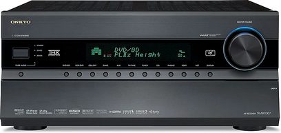Onkyo TX-NR1007 sort hjemmebiografsforstærker, set forfra, blå skærm, mange knapper og stik på forsiden