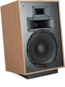 Klipsch Heresy IV højttaler i rød eg, trækasse i egetræ, sort front, stor woofer og to horn, 3/4 forfra