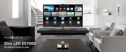 Samsung Smart TV Slim LED ES7000 television in a modern living room, screen displaying apps, front view