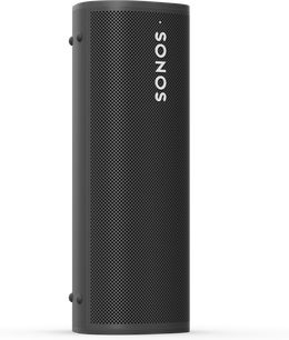 Sonos Roam højttaler i Shadow Black, cylindrisk form, sort farve, perforeret gitter over det meste af overfladen, hvidt "SONOS" logo
