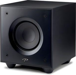 Subwoofer Paradigm Defiance V8 nero satinato, vista frontale, altoparlante circolare centrale, pannello frontale nero opaco
