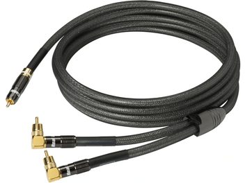 Kabel pro subwoofer Y-SUB1801 7,5 m, pozlacené RCA konektory, černý opletený plášť, pohled svinutý, dva ohýbané konce