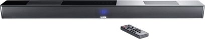 Canton Smart Soundbar 10 soundbar i sort pianolak set forfra med blåt LED-display og matchende fjernbetjening