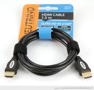 Neutrino Essential 1,5 m HDMI-kabel Ultra HD 4K 2160p, sorte HDMI-stik med velcro-stropper, på hvid og orange baggrund