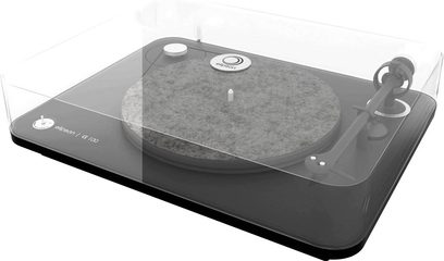 Elipson Alpha 100 RIAA matte black turntable, top-down perspective view, transparent platter with gray felt mat