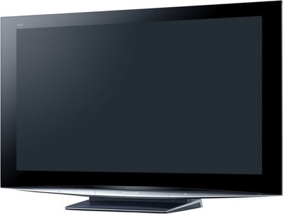 Fladskærms-TV Panasonic TH-50PZ81 med rektangulær sort skærm, set forfra, slukket, på fod