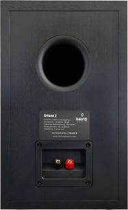 Reproduktor Davis Acoustics Ariane 2 v černém dýhovém provedení, zadní pohled, kruhový basový port, červeno-černé svorky