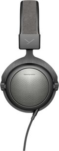 Gesloten hifi-koptelefoon Beyerdynamic T5, vooraanzicht, grijze ronde oorschelp, gewatteerde hoofdband, zwarte kabel bevestigd