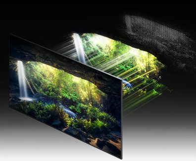Două ecrane plate dreptunghiulare negre afișând o pădure tropicală luxuriantă luminată de raze de soare, văzute din față