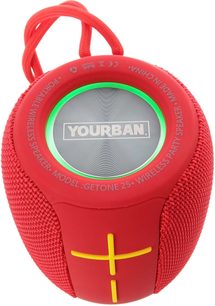 Bluetooth-højttaler Yourban Getone 25 rød, set forfra, rund form, tekstureret overflade, gule knapper i kryds, rød rem