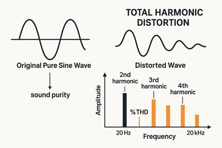 Black and orange infographic on a white background featuring a pure sine wave, a distorted wave, and a histogram of the 2nd to 4th harmonics