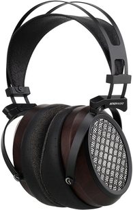 Sendy Audio Aiva 2 hi-fi over-ear headphones in black and wood, wide double headband, open oval earcups with silver metal grille