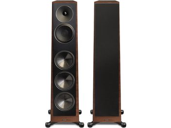 Diffusori da pavimento Paradigm Founder 100F in noce, frontale con 4 altoparlanti circolari neri e tweeter, cabinet in legno scuro, vista frontale