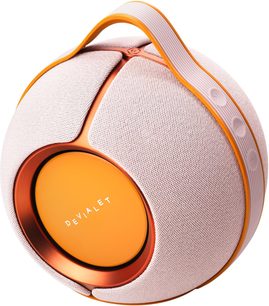 Портативна bluetooth-колонка DEVIALET MANIA рожева сферична з інтегрованою ручкою та помаранчевими боками, вид спереду