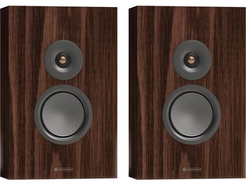 Pair of Monitor Audio Silver On-Wall 8G wall speakers in walnut finish, with gray front drivers