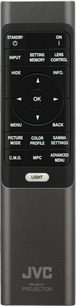 Black JVC RM-MH27 remote control for DLA-NZ9 projector, front view, with buttons and navigation wheel