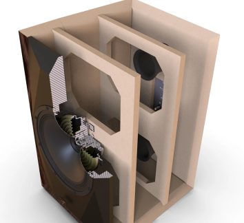 Enceinte acoustique en bois vue en coupe, haut-parleur de grave frontal et cloisons internes labyrinthiques