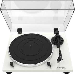 Vit lackerad vinylspelare Thorens TD 201 sedd framifrån ovanifrån med tonarm och svart tallrik, mot vit bakgrund