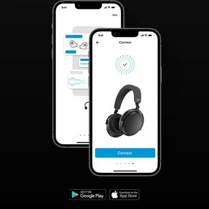 Sennheiser Momentum 4 Wireless hovedtelefoner i sort, sort finish, vist på to smartphoneskærme