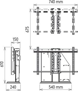 Teknisk diagram med dimensioner af en vægmonteret TV-holder med drejelige og svingbare arme i sammenfoldet og udfoldet position