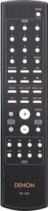 Black Denon RC-1022 remote control with silver buttons to control various functions of an audio device, front view