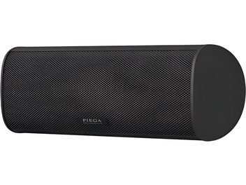 Sort Piega Ace Center trådløs højttaler, cylindrisk soundbar-format, sort metalgitter set i trekvart profil
