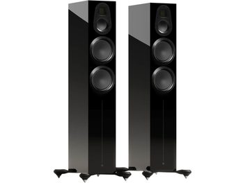 Monitor Audio Gold 300 6G floorstanding speakers, black lacquered, front view, 2 tweeters, 3 circular cones, spiked bases