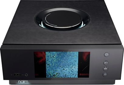 Naim Uniti Atom HDMI sort hi-fi stereforstærker, set ovenfra, front med farvedisplay der viser et pixeleret blåt billede