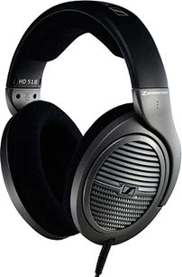 Auriculares de alta fidelidad abiertos Sennheiser HD-518 negros, almohadillas redondas y amplias, diadema acolchada, rejilla metálica en los laterales, vista en tres cuartos de frente