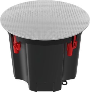 Decken-Einbaulautsprecher Klipsch PIC-650-T BW, Perspektivansicht, weiße perforierte runde Abdeckung, schwarzes Gehäuse, rote Befestigungen