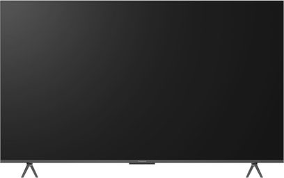 Panasonic TV-85W95BEG fjernsyn i sort, med slank matmetalramme og to V-formede sideben, set forfra