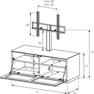 Sonorous Studio ST111-TNT-BS TV-møbel, teknisk diagram med dimensioner i millimeter, set forfra og fra siden