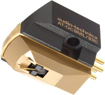 Sort og gylden Audio Technica AT-OC9ML/II pladespillercelle, set fra siden, med diamantlæsespids