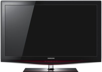 Samsung LE55B651 sort fladskærms-TV, set forfra, slukket, på sort baggrund