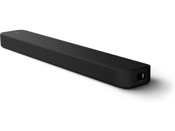 Barra sonora Sony HTS2000 nera, vista in prospettiva, forma rettangolare, griglia frontale, superficie superiore liscia, estremità destra visibile