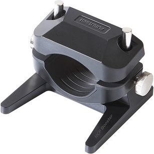 Matte black plastic cable clamp with rounded shape and two silver-colored metal tightening screws on top