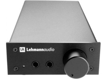 Preamplificatore per cuffie Lehmann Audio Linear nero, chassis in metallo grigio scuro, pannello frontale minimalista, connettori posteriori