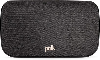 Diffusore wireless connesso Polk Audio SR2, dalla forma rettangolare arrotondata, in tessuto nero, con logo "polk" argentato al centro