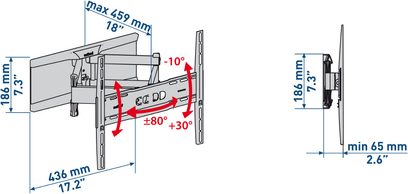 Drejelig og vippelig vægbeslag til TV, i sort metal, dimensioner og rotationsvinkler angivet på teknisk diagram