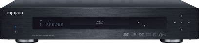 Reproductor Blu-ray 4K OPPO BDP-93EU negro, vista frontal, pantalla azul, panel frontal de aluminio cepillado, botones táctiles