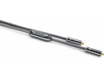 Cavo audio RCA Siltech Explorer 180i SC006, guaina intrecciata grigia, due spinotti maschi cromati con terminali dorati, vista dall’alto
