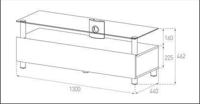 Rektangulært sort TV-møbel med 2 skuffer og 1 niche, dimensioner i mm: L 1300 x H 462 x D 440, teknisk tegning med målsætning