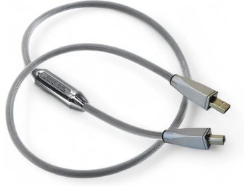 Siltech Explorer 45 USB cable, silver-gray, braided sleeve, metal USB‑A and mini‑USB connectors, cylindrical module