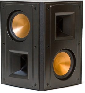 Klipsch RS-52 MkII sort baghøjttaler, 2 gyldne højttalere i trapezformet kabinet, set lidt fra siden forfra