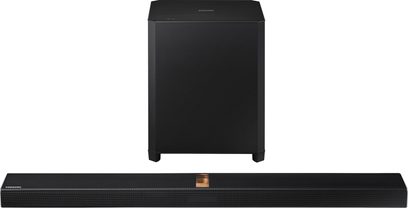 Samsung HW-H750 sort soundbar, set forfra og ovenfra, med rektangulært mat sort basrør